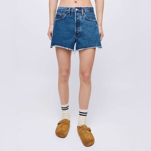 RE/DONE Denim 90s Crop Low Slung Button Fly Boyfriend Short Bleu Mere Blue Sz 30 - Picture 3 of 13